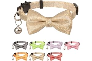 Gyapet Cat Collar with Bow Tie Sparkly Cats Kitten Bell Party Bling Wedding Festive 7-11in Girl Boy Champagne