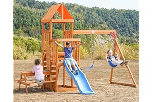 DOLPHIN PLAYGROUND T Dolphin Playground Wooden Swing Sets for Backyard with 2 in 1 Outdoor Table, Outdoor Playset for Kids 3-10 with Rock Climbing Wall, 6FT Wave Slide, Fort, and 2 Belt Swings, Playground Accessories