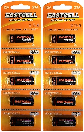 EASTCELL 10 x 23A 12V (2 Blistercards a 5 Batterien) Quecksilberfreie Alkaline Batterien MN21, 23A, V23GA, L1028, A23 EINWEG 