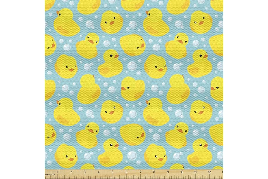 Lunarable Cartoon Fabric by The Yard, Happy Rubber Duck and Bubbles Pattern Theme Art, Decorative Fabric for Upholstery and Home Accents, 3 Yards, Yellow Aqua