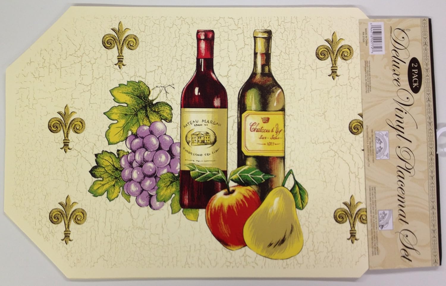 SET OF 6 EXPANDED VINYL PLACEMATS 2 WINE BOTTLES AND FRUIT