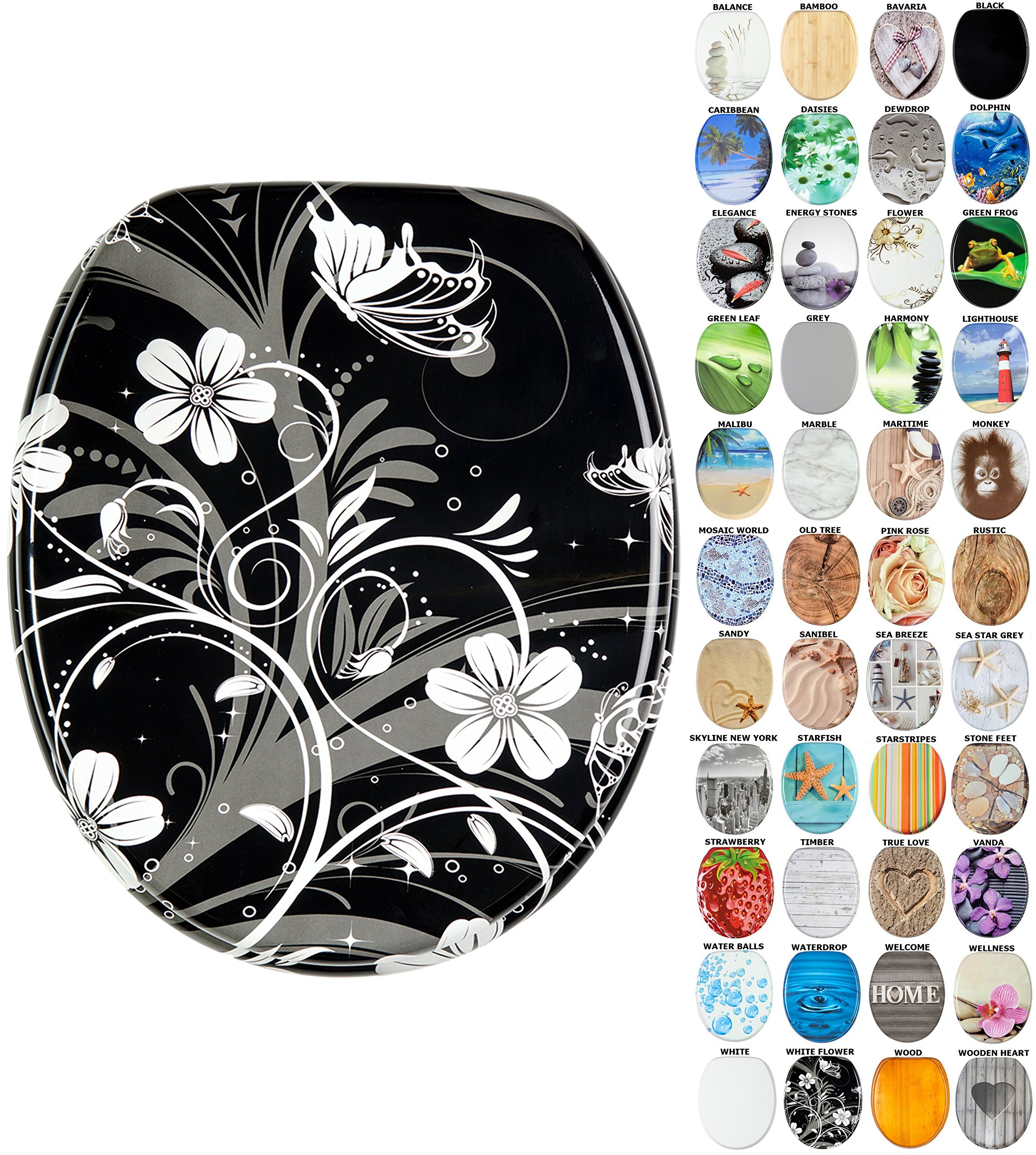 Sanilo Soft Close Toilet Seat, Wide Choice of New Toilet Seats, Stable Hinges, Easy to Mount (White Flower)