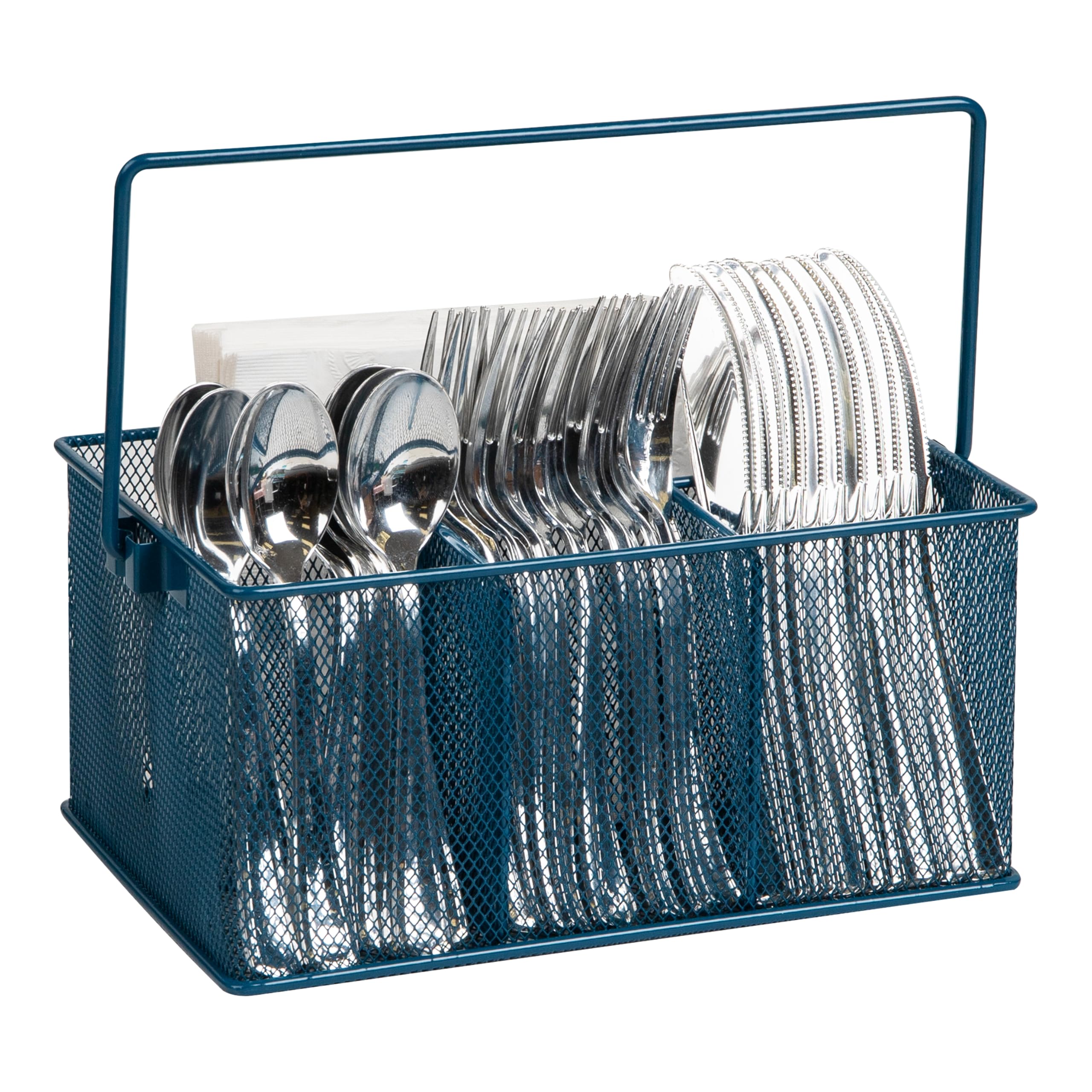 Mind Reader Network Collection, 4-Compartment Utensil or Supply Caddy with Handle, Countertop or Desktop Organizer, Metal Mesh, 10" L x 7" W x 4.75" H, Turquoise