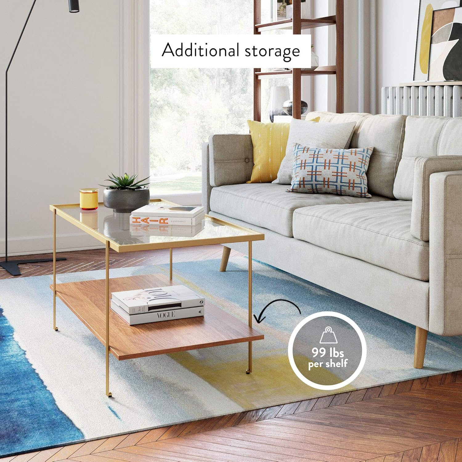 Nathan James Asher Mid-Century Rectangle Coffee Table Glass Top and Rustic Oak Storage Shelf with Sleek Brass Metal Legs, Gold: Furniture & Decor