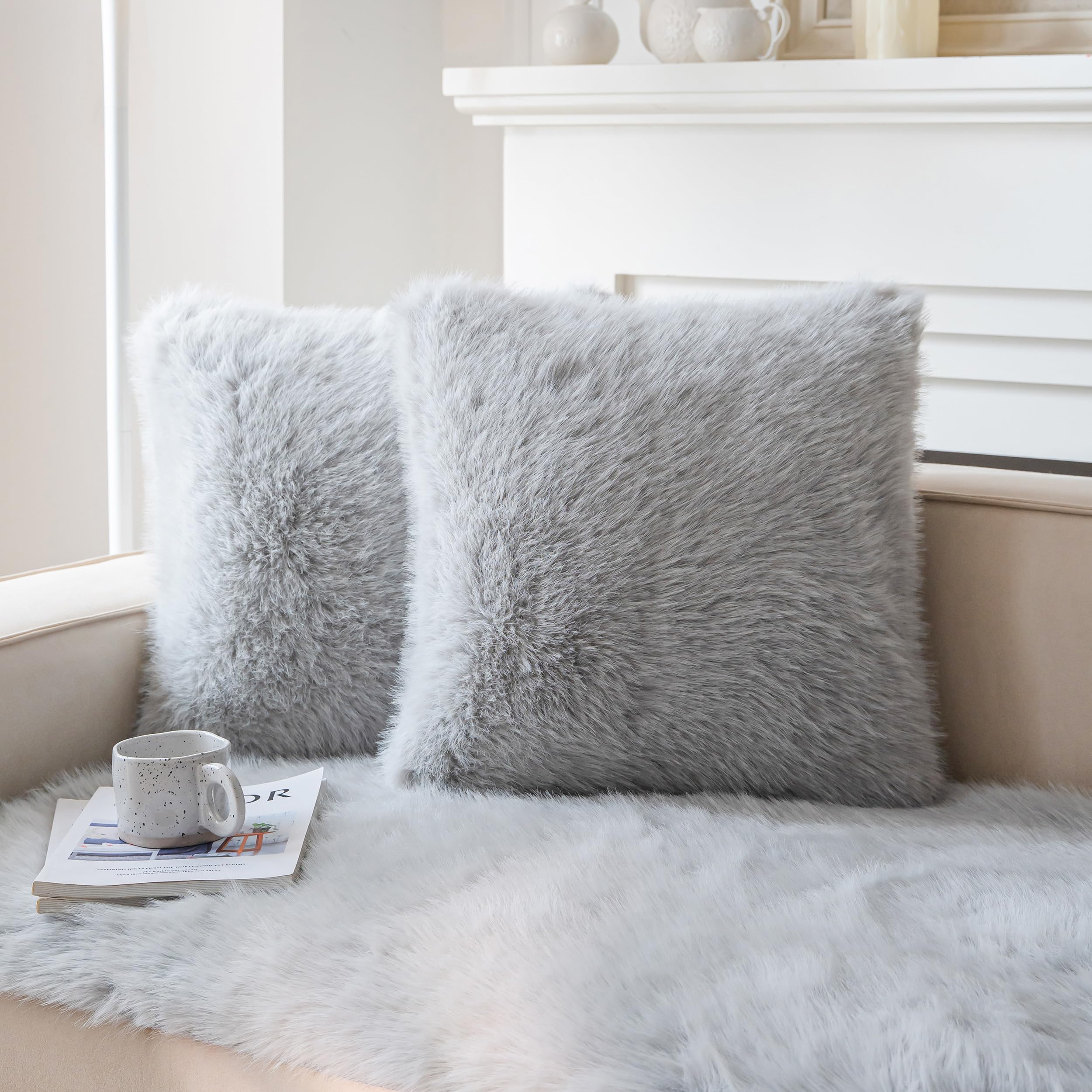 Photo 1 of Neelvin Light Grey Faux Fur Cozy Fluffy Double-Sided Decorative Throw Pillow Covers 18x18 inch Set of 2,Velvet Pillowcase Cushion Case for Sofa Couch