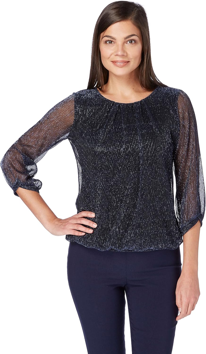 Roman Originals Women's Shimmer Plisse Bubble Hem Top Ladies Fashion