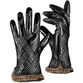 OCXMME Winter Gorgeous Leather Gloves for Women Warm Cashmere Lined Rabbit Fur Cuffs Touchscreen Texting Driving Gloves