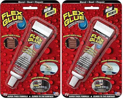 Flex Glue, Mini, White, Super Strong, Rubberized Waterproof Adhesive, Works Underwater, Use On Pools, Showers, Outdoors, Concrete, Brick, Pavers, Masonry, and UV Resistant, 0.75 fl oz (Pack of 2)