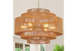 Tunkayli Hand-Woven Rattan Chandelier Large Boho Chandelier Living Room 25.6in Coastal 6-Light Farmhouse Vintage Wicker Bamboo Chandeliers for Bedroom Dining Room Stairway