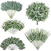 YUSKO 100pcs 4 Kinds Artificial Eucalyptus Stems Bulk, Fake Plants Leaves Bundle, Mixed Greenery Stems for Wedding Party Decor Vase Floral Arrangement
