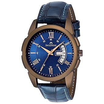 Leather Strap Analogue Blue Dial Mens Wrist Watch