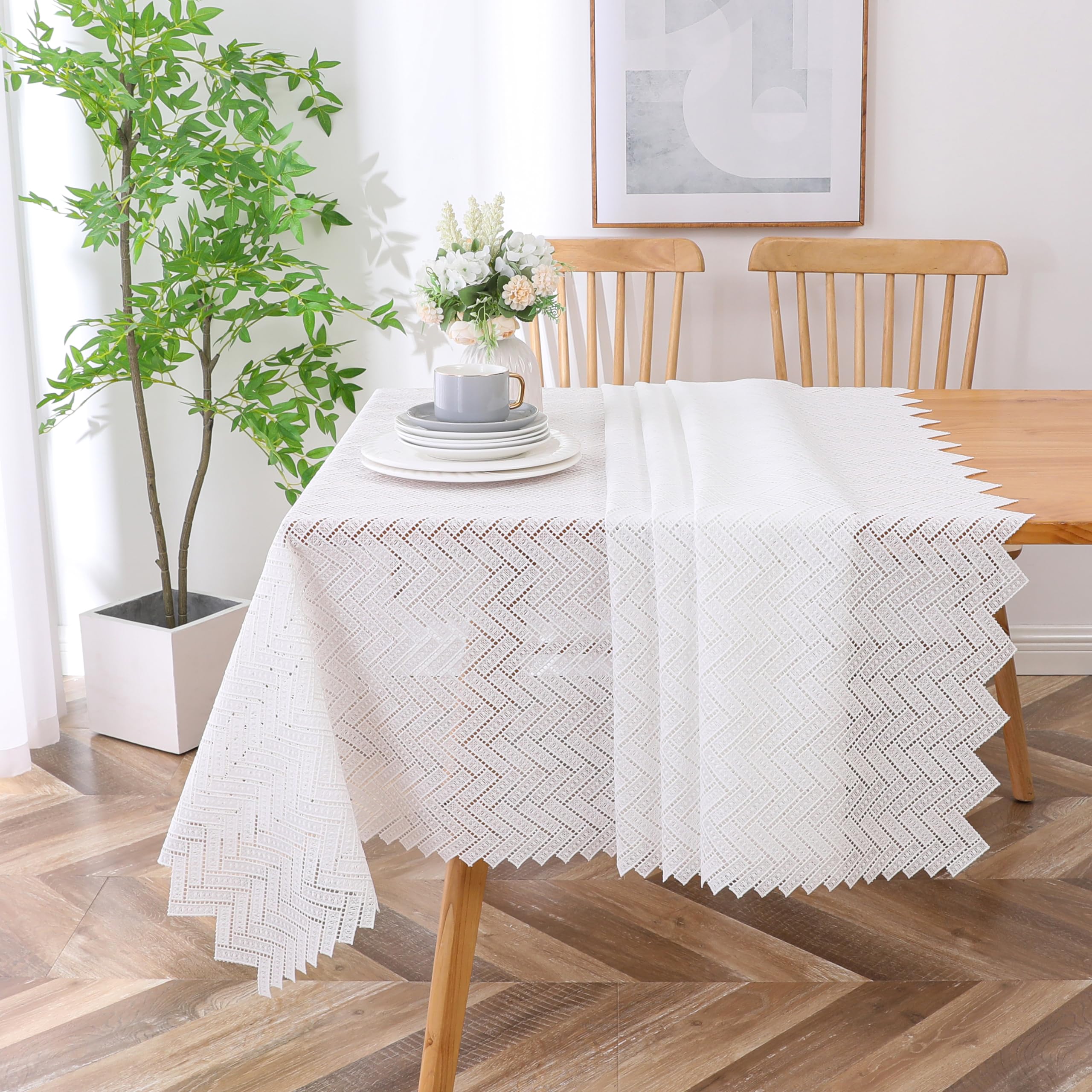 Majestic Giftware Polyester Tablecloths for Rectangle Tables – TC1729L | (70/200) Lace Zig Zag Chevron – Lined Design Dining Table Cover | Decorative Washable Tablecloth for Home & Kitchen