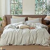 MooMee Striped Duvet Cover Set 100% Washed Cotton Linen Like Textured Breathable Durable Soft Comfy (Sage Green White Classic Stripes, Full 80"x90")