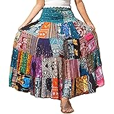Patchwork Skirt * Long Maxi Boho Hippie * Smocked Ruched Waist * Flared Rayon