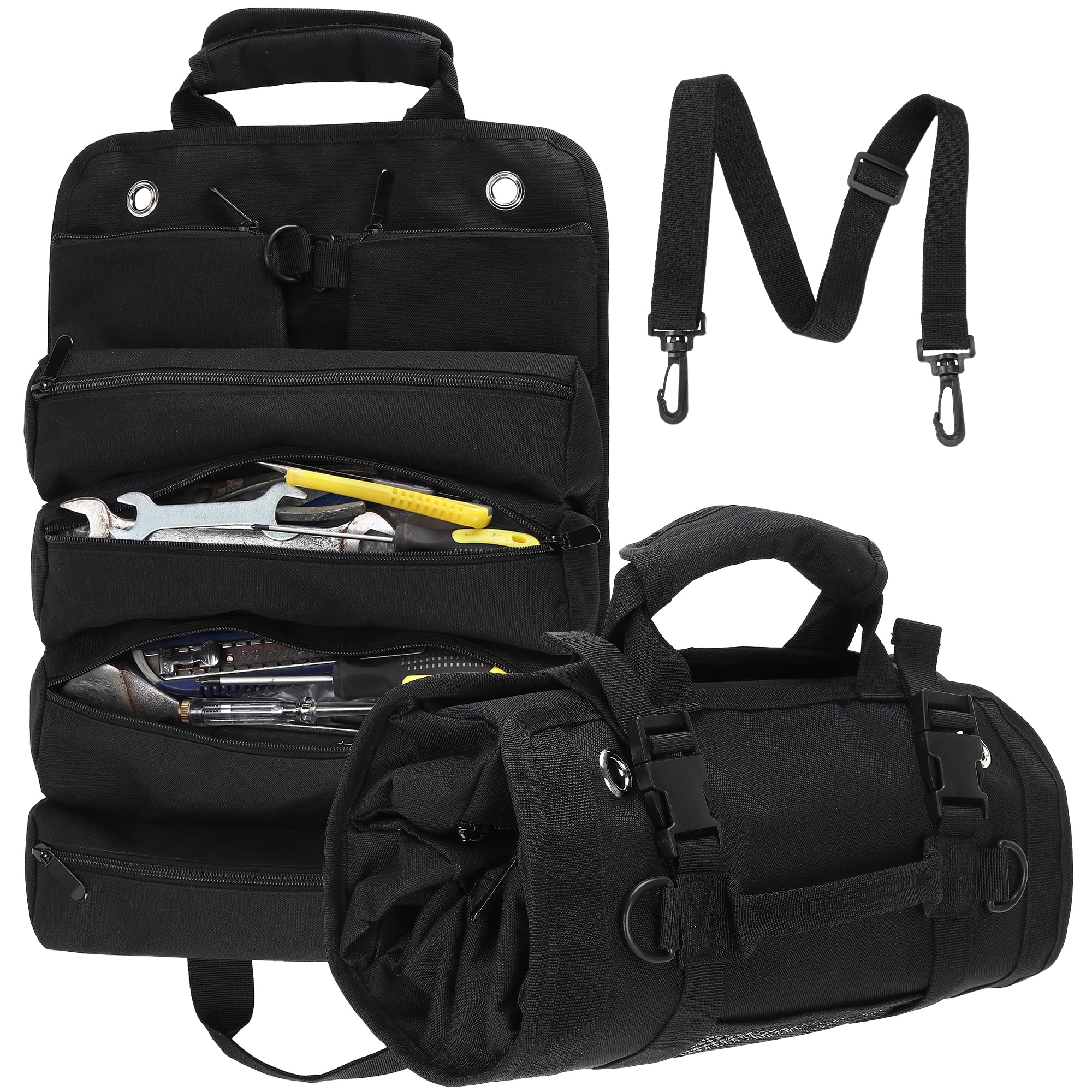Photo 1 of W WINTMING Tool Bag Organizer Tool Roll Bag Tool Carrier Roll UP Storage Pouches with 6 Zipper Pockets & Strap Gifts for Men Mechanic Electrician Hobbyist (Black)