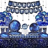 Space Galaxy Party Supplies, Includes Happy Birthday Banner, Plates, Cupcake Topper Napkins, Cups, Tablecloth, Balloons, for 20 Guests Galaxy Outer Space Theme Birthday Party Decoration