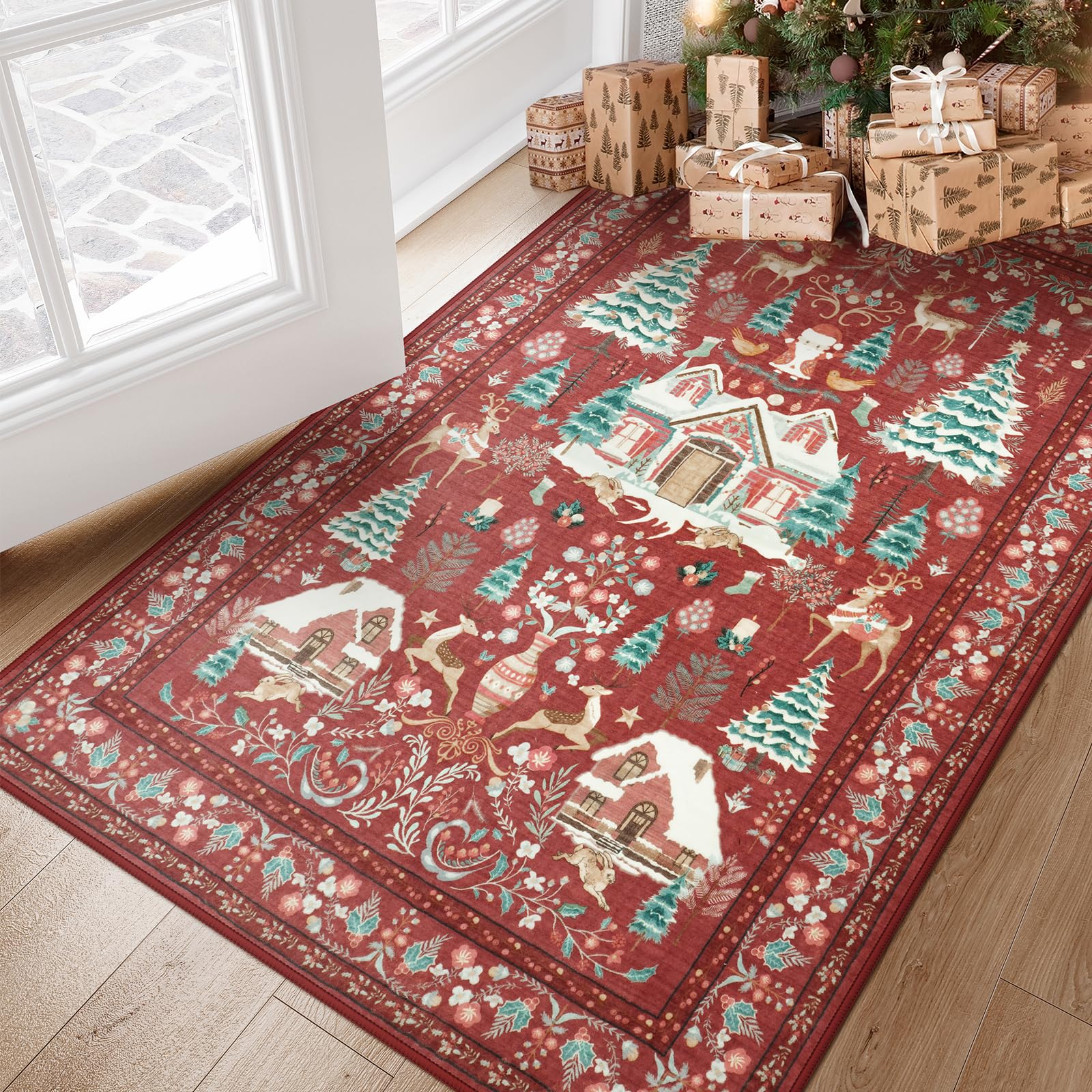 Photo 1 of *** COLOR FADED*** LIVEBOX Christmas Washable Area Rug 3x5, Boho Red Entryway Rugs, Soft Vintage Holiday Rug Carpet for Bedroom with No-Slip Backing Retro Rug for Kitchen Laundry Room