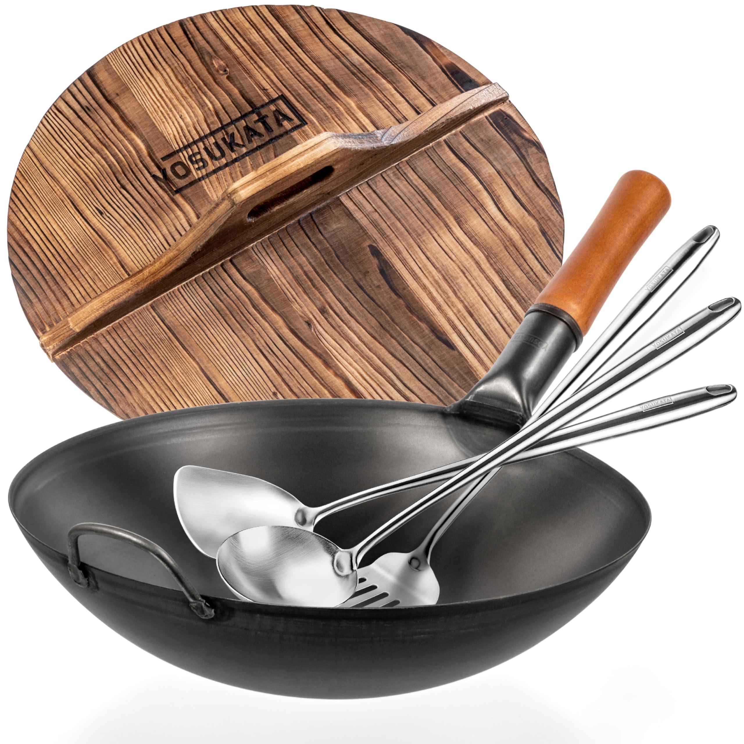 Photo 1 of YOSUKATA Carbon Steel Wok Pan Round Bottom 14 in + Wooden Wok Lid 14 in with Ergonomic Handle + 17" Spatula and Ladle and Turner