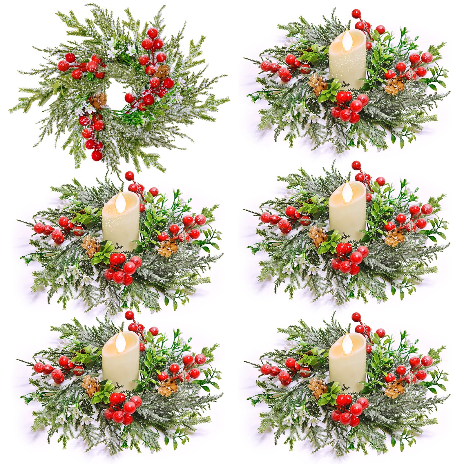 Photo 1 of [Snowy] 6 Pcs 9" Christmas Candle Rings Wreaths, Real Touch Cedar Wreath with Cypress Snowy Pinecones & Red Berry Christmas Candle Ring Holder Mini Wreath for Home Kitchen Table Centerpiece Decor