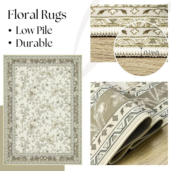 GREYISH BEIGE FLORAL RUG 5X7 MACHINE WASHABLE AREA RUG FOR LIVING ROOM VINTAGE BOHO FARMHOUSE LOW PILE DISTRESSED CARPET FOR DINING ROOM, BEDROOM INDOOR NON-SLIP TAN TAUPE FLOWER DESIGN HOME DECOR