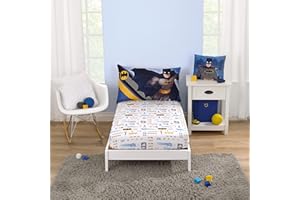 NOJO Warner Brothers Batman The Caped Crusader Blue, Gray, and Yellow Bat-Signal and Batmobile 2 Piece Toddler Sheet Set - Fitted Bottom Sheet and Reversible Pillowcase