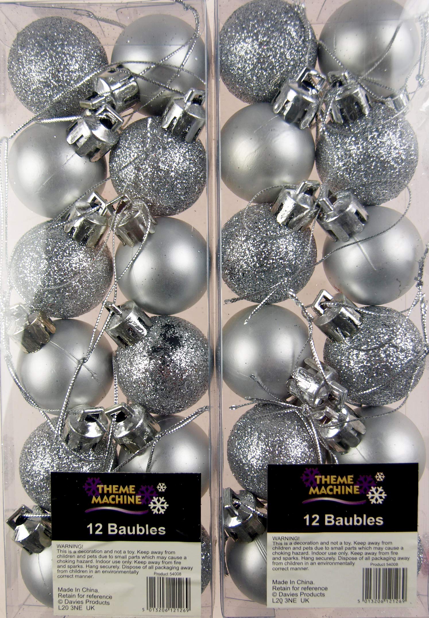 BWG Set Of 24 Mini Christmas Silver Glitter Tree Baubles Decorations