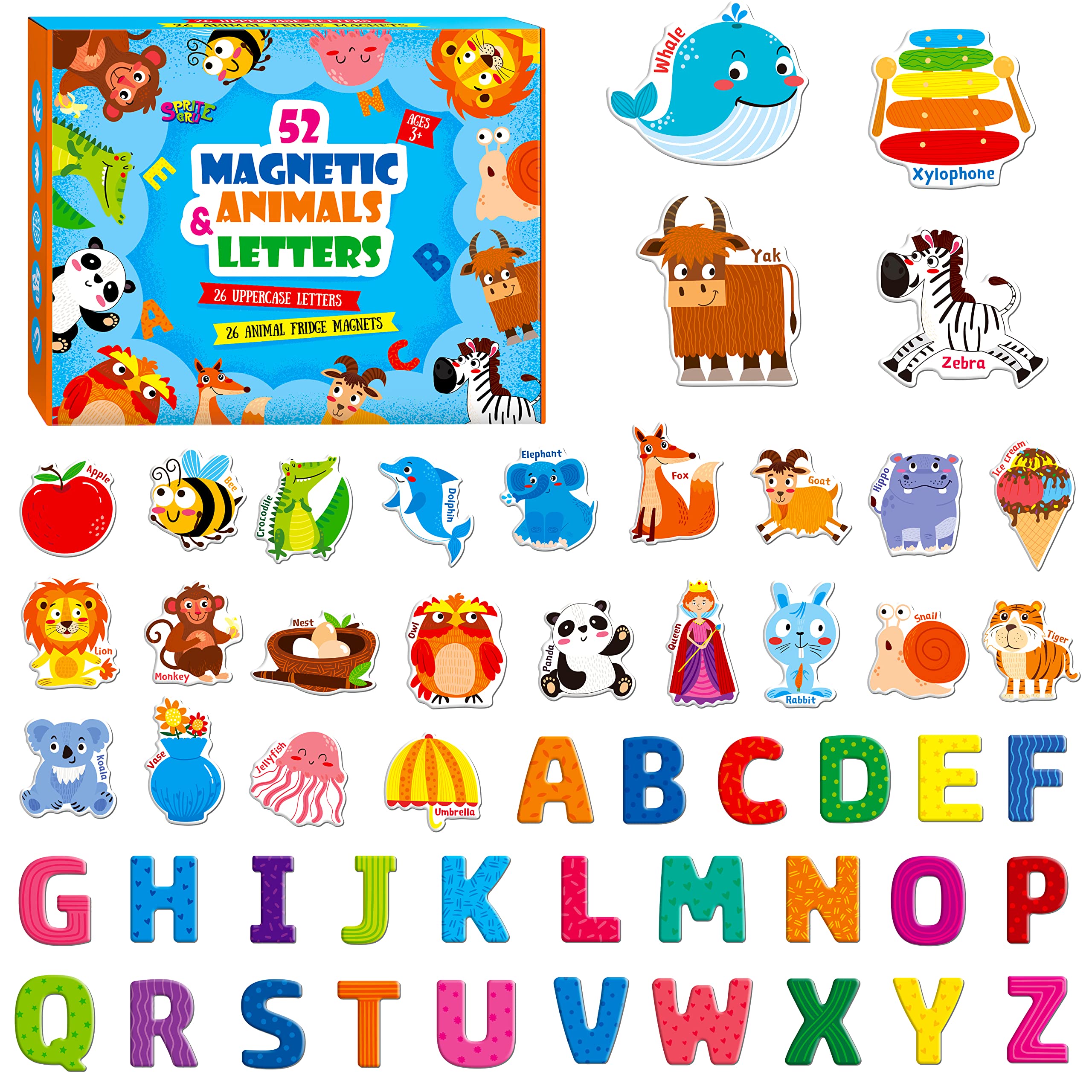 Magnetic Letters and Animals, Educational Learning Tool for Kids Word Recognition 52 Pieces Magnets Include 26 Colorful Alphabet Letters and Corresponding Cartoon Images