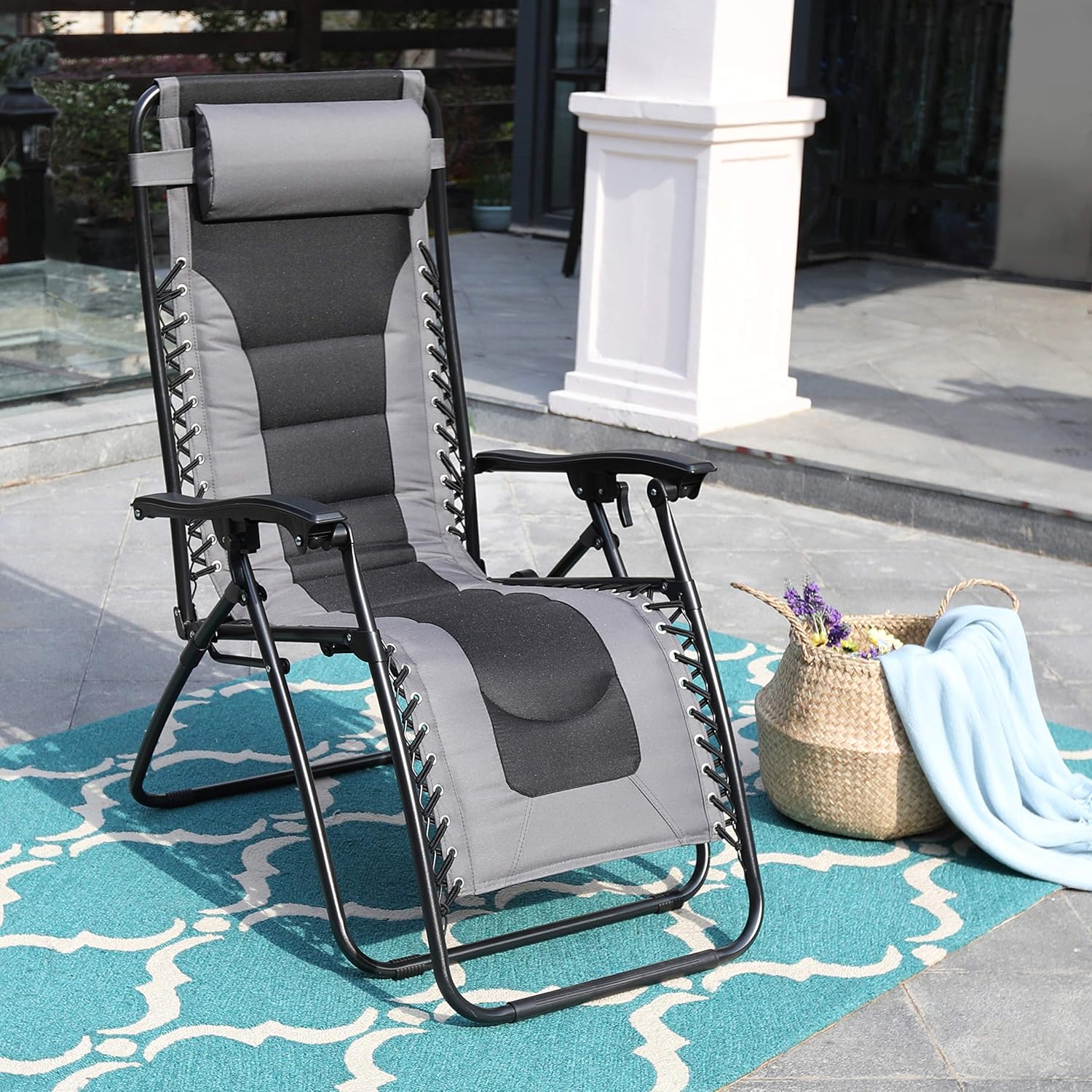 PHI VILLA Zero Gravity Chair Padded Recliner Adjustable Lounge Chair with Free Cup Holder (Grey) : Garden & Outdoor