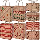 Kolldenn 48 Pcs Christmas Kraft Gift Bags Bulk with Handle Xmas Paper Holiday Elk Trees Snowflake Treat Bags for Christmas Party Favor Supplies