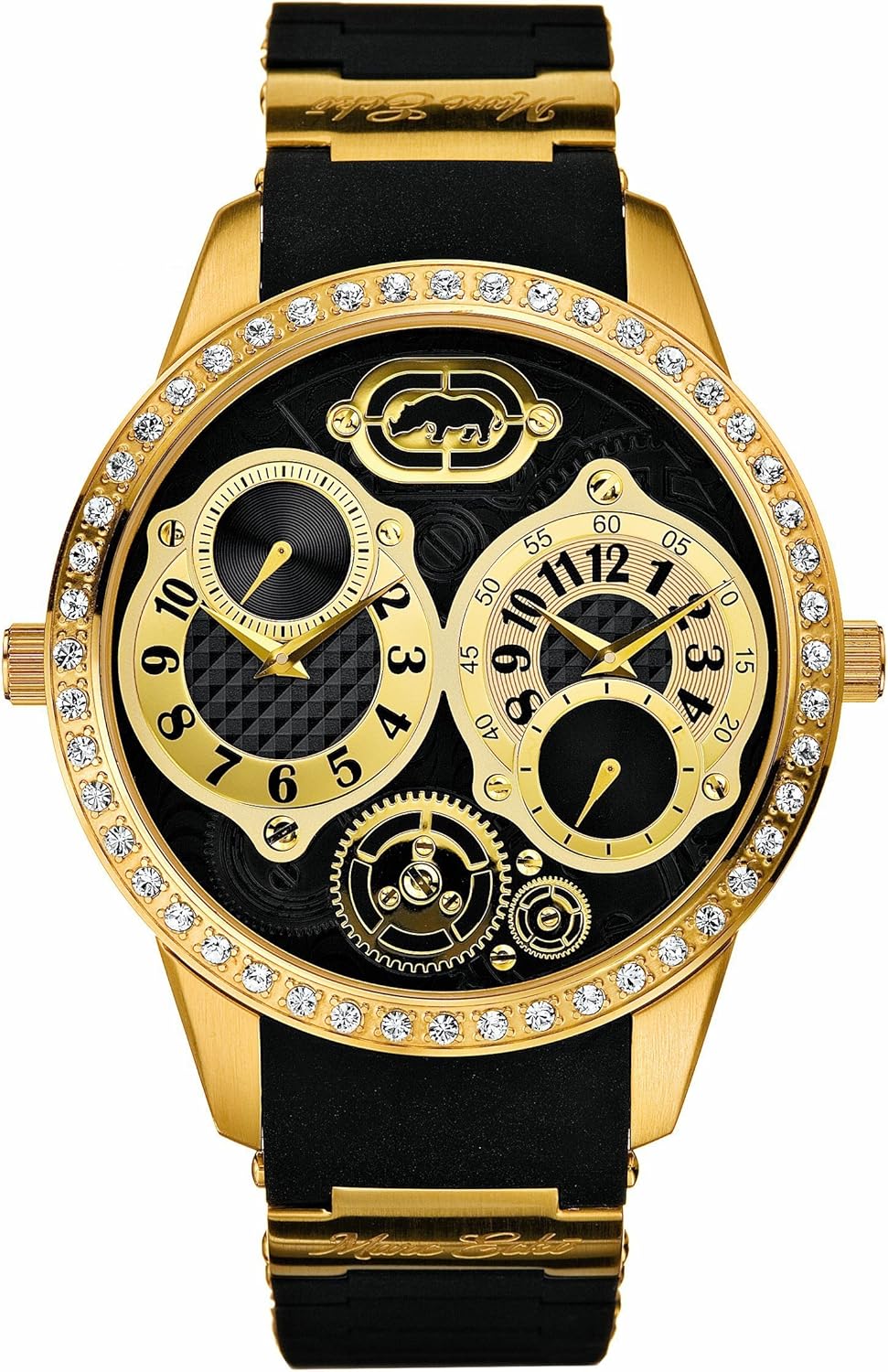 Marc Ecko E22567G1 Gents Iced Dual Time Black Dial Watch with Gold