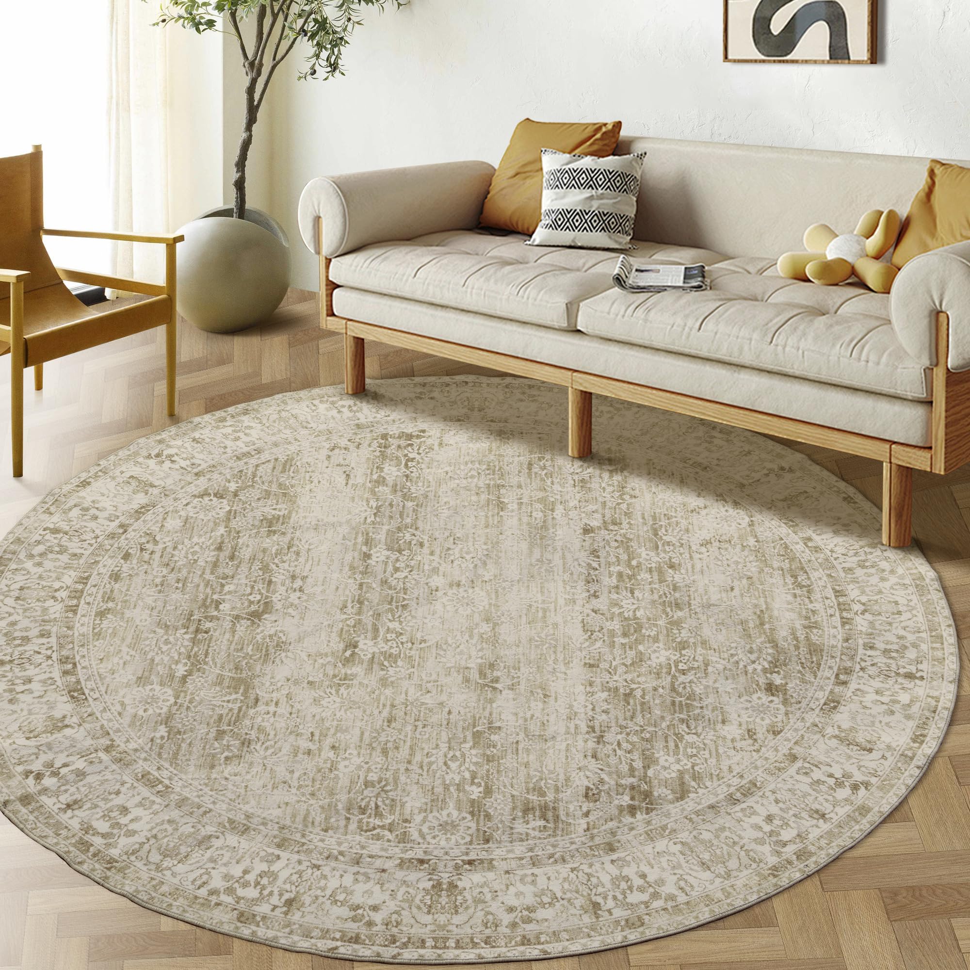 Photo 1 of BILEEHOME 7ft Round 7' Round Rug Washable Area Rugs Vintage Rug Indoor Floor Cover Floral Print Circle Rugs Cream&Light Tan