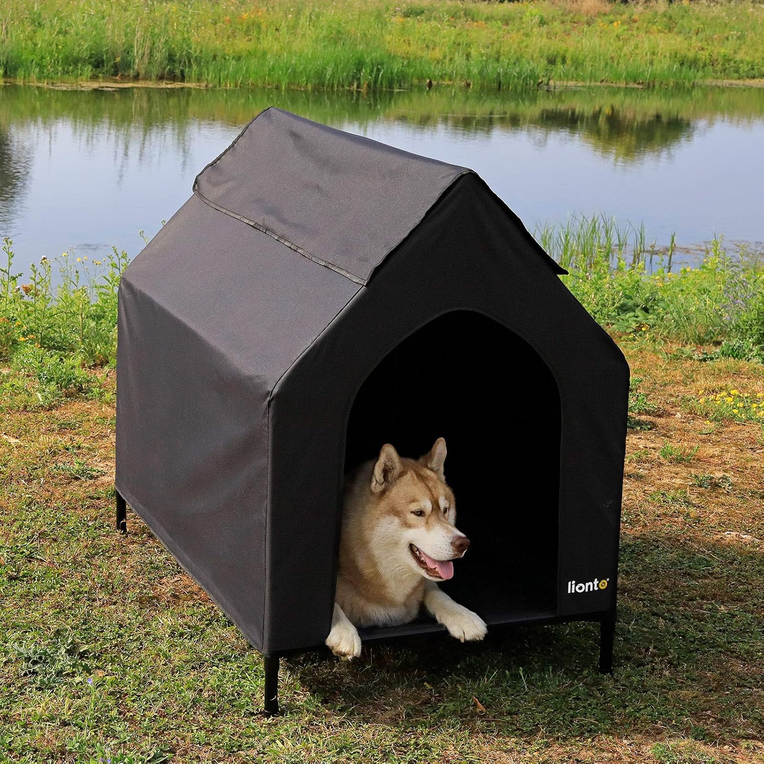 lionto Covered dog bed raised dog cabin dog bed with roof Black (M) 110