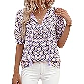 PRETTYGARDEN Womens Summer Boho Tops 2026 Vacation Outfits Casual Tie Front V Neck Peasant Blouses Puff Short Sleeve Shirts