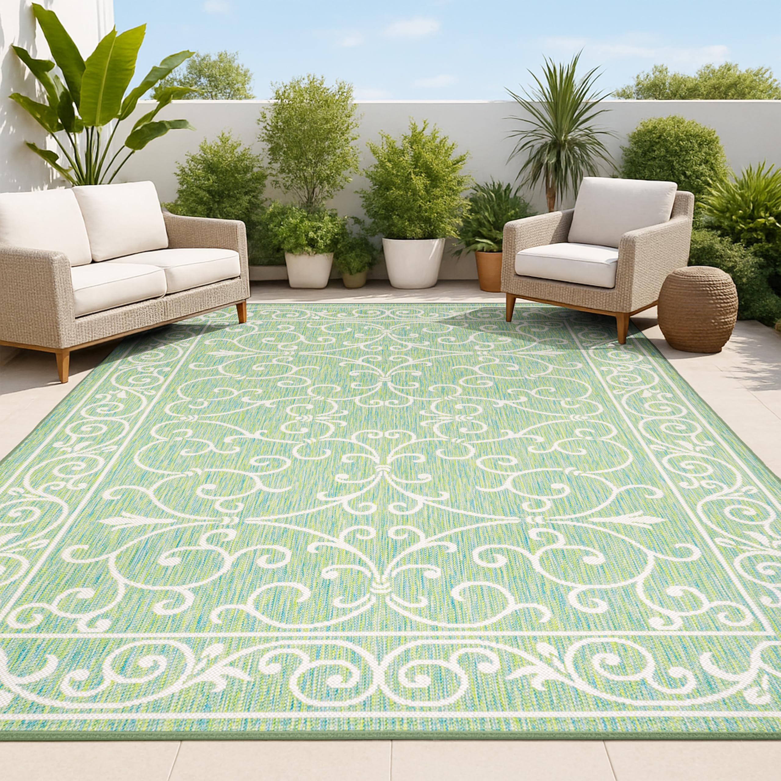 JONATHAN Y Vintage Filigree Indoor Outdoor Area Rug 4X6 Green/Ivory, Charleston Textured Weave for Backyard, Patio, Porch, Easy-Cleaning, High Traffic, Pet-Friendly, Non-Shedding (SMB106K-4) Image