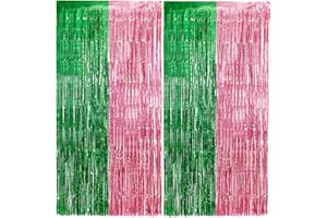 Vagilelf 2 Pack Pink and Green Party Decorations Tinsel Foil Fringe Backdrop 3.3’x6.6’, Wicked Party & Halloween Streamer, Durable Metallic Tassel Create Photo Booth & Entrance
