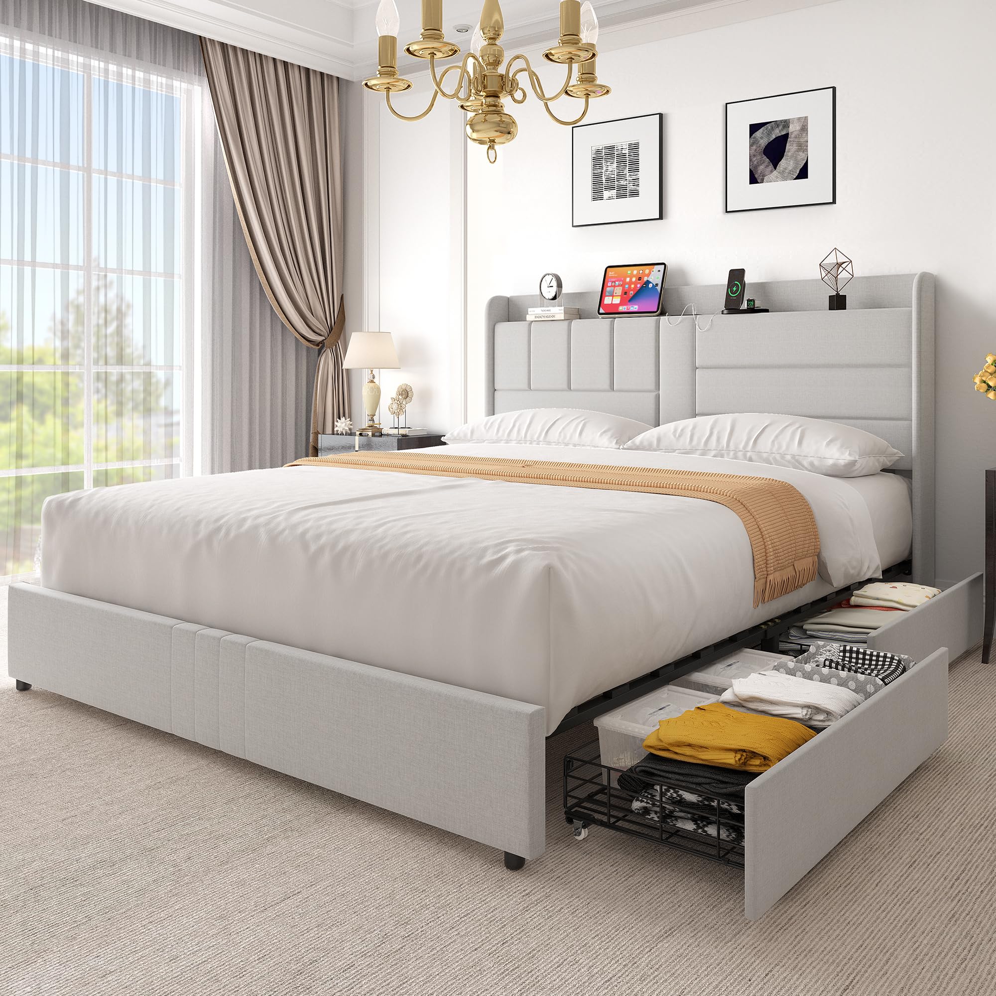 YITAHOME Queen Size Bed Frame with 4 Storage Drawers, Upholstered ...