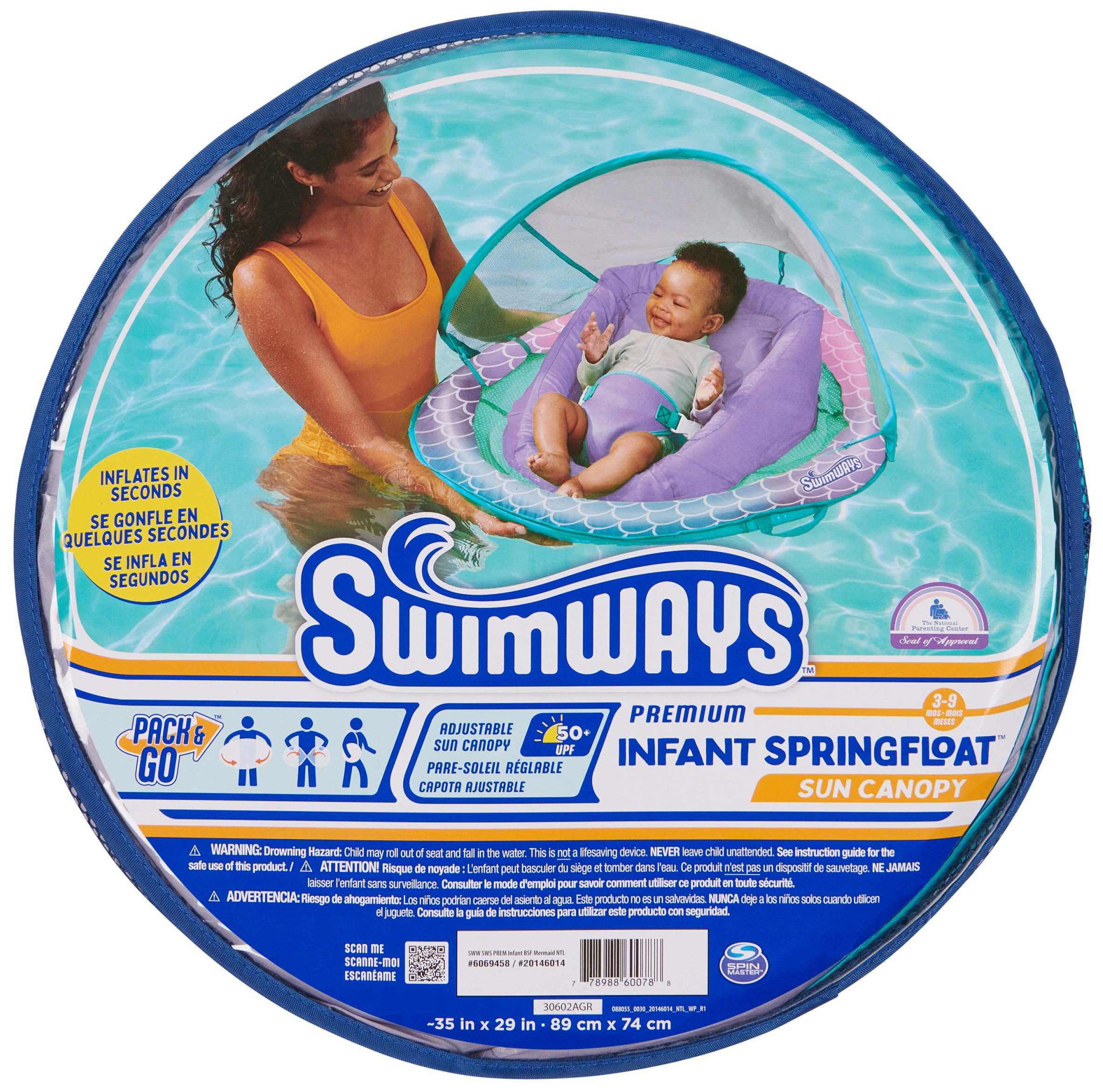 Swimways Infant Spring Float, Baby Pool Float with Canopy & UPF Protection, Swimming Pool Accessories for Kids 3-9 Months, Mermaid