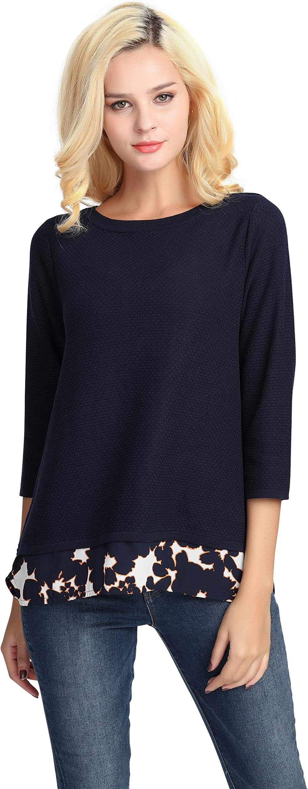 Women's Sweater, Pullover Autumn Women Top 3/4 Sleeve 2Fer Loose Casual Pullover Layered Sweater