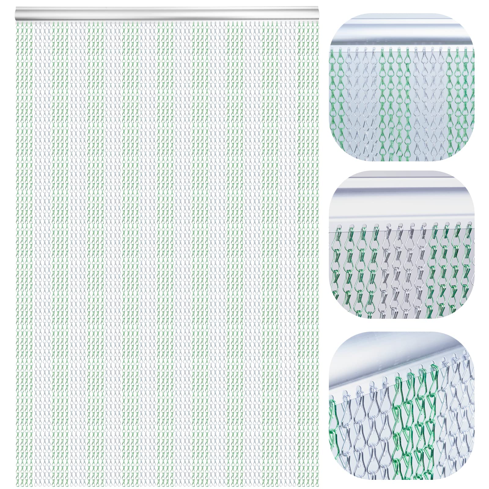 Chain Door Screen 90 x 210cm Aluminium Chain Curtain for Doorways Decoration, Metal Fly Screens Insect Blinds Pest Control (Green & Silver)