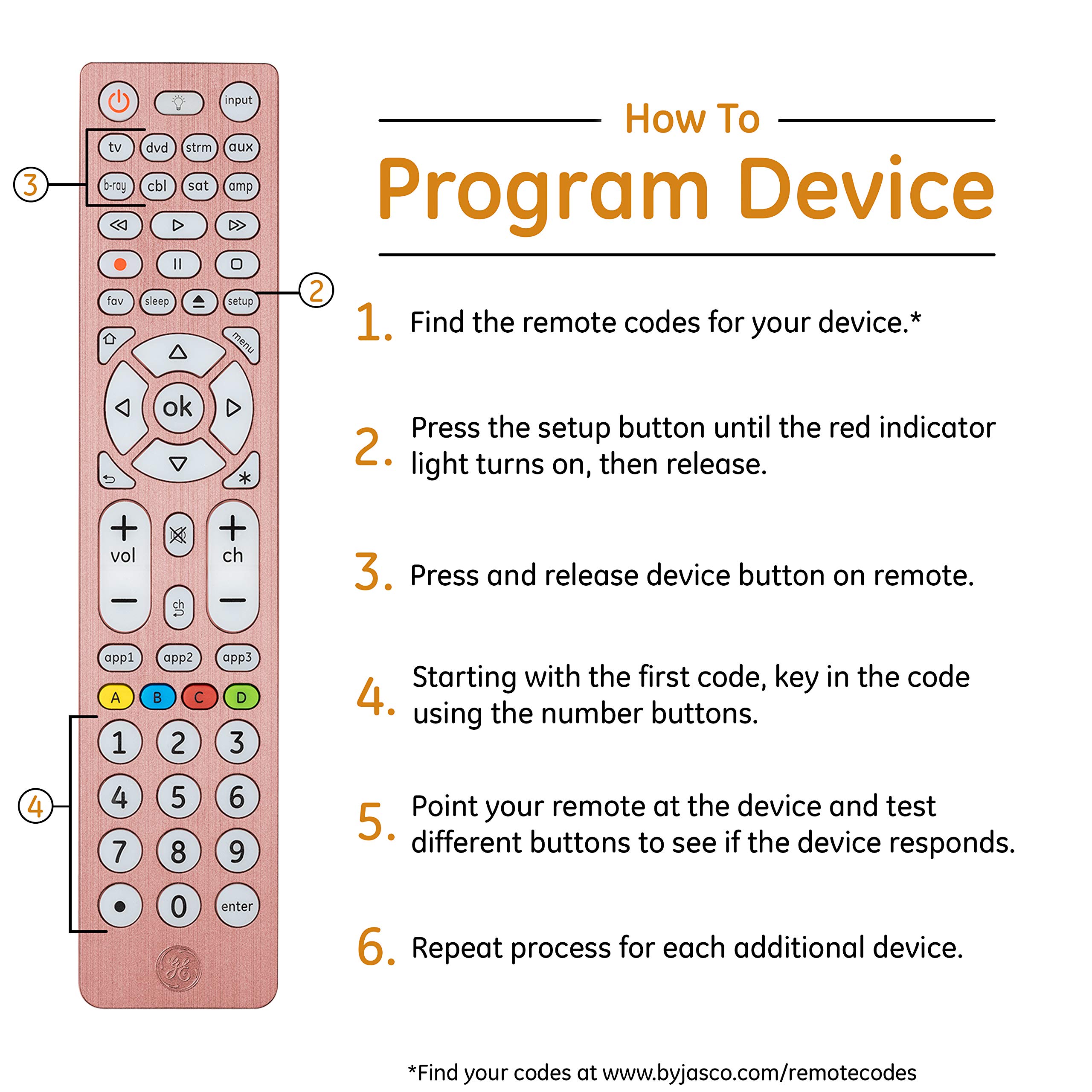 GE Backlit Buttons Universal Remote Control, Samsung TV Remote Control Replacement, Samsung Remote Control for Smart TV, Roku Remote Replacement, Vizio, LG TV, Sony, Apple TV, 8-Device, Rose, 47511