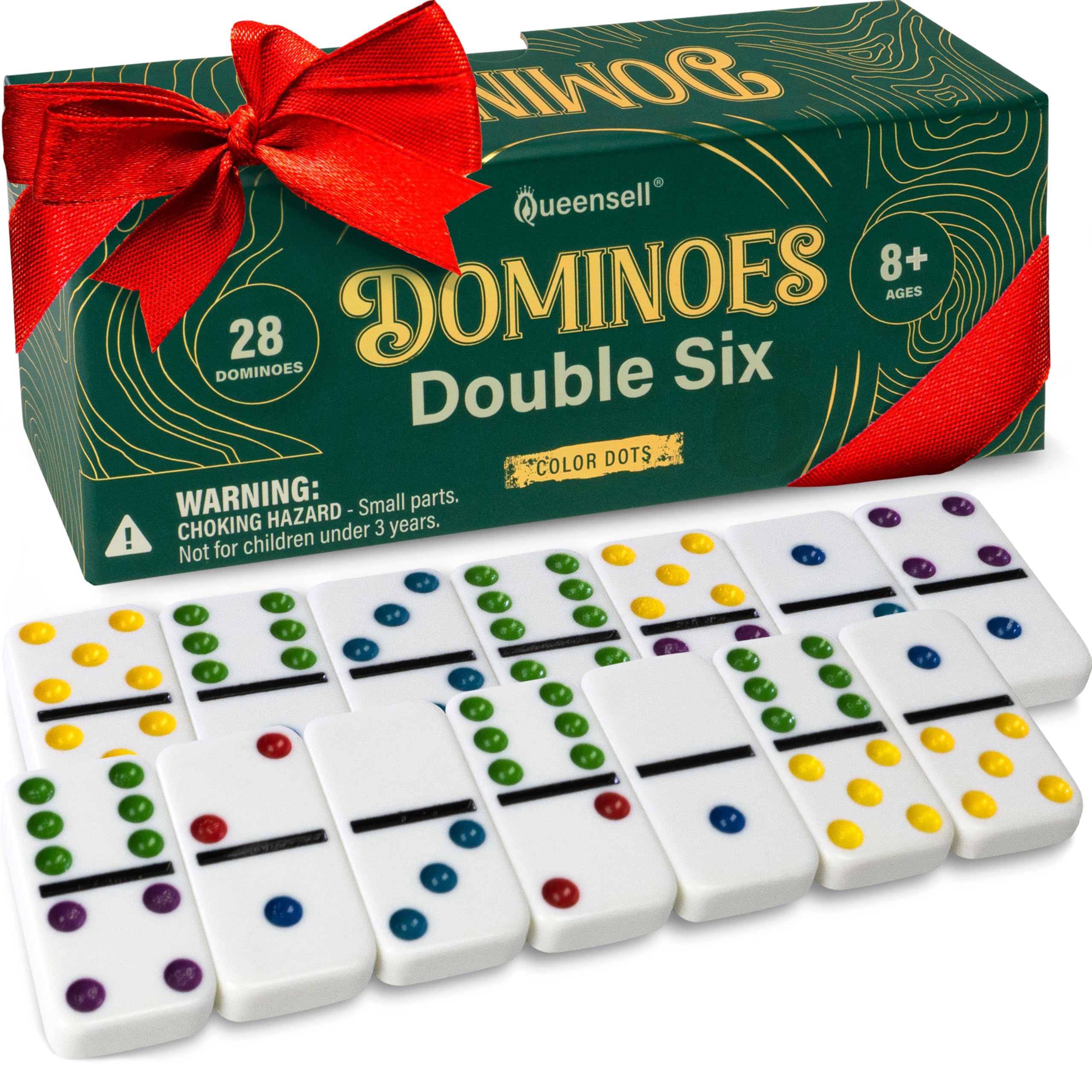 Queensell Dominos Set for Adults with Colored Dots - Double 6 Dominoes Set is a Classic Board Games for Kids and Adults - Double Six Standard Dominos Set 28 Tiles