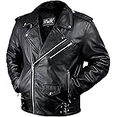 HWK Brando Leather Motorcycle Jacket for Men, Genuine Black Leather Jacket with Removable CE Armor for Motorbike Riding