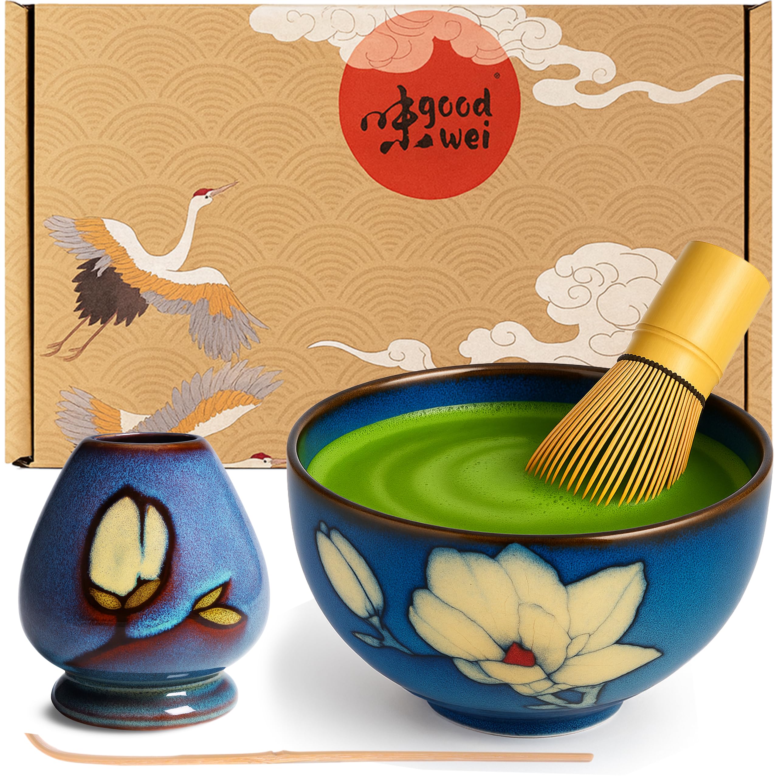 Goodwei Matcha Set with Matcha Whisk, Spoon and Ceramic Matcha Bowl with Whisk Holder in Matching Design | Artisanal Matcha Tea Bowl Chawan | Gift Set (Magnolia, 80)