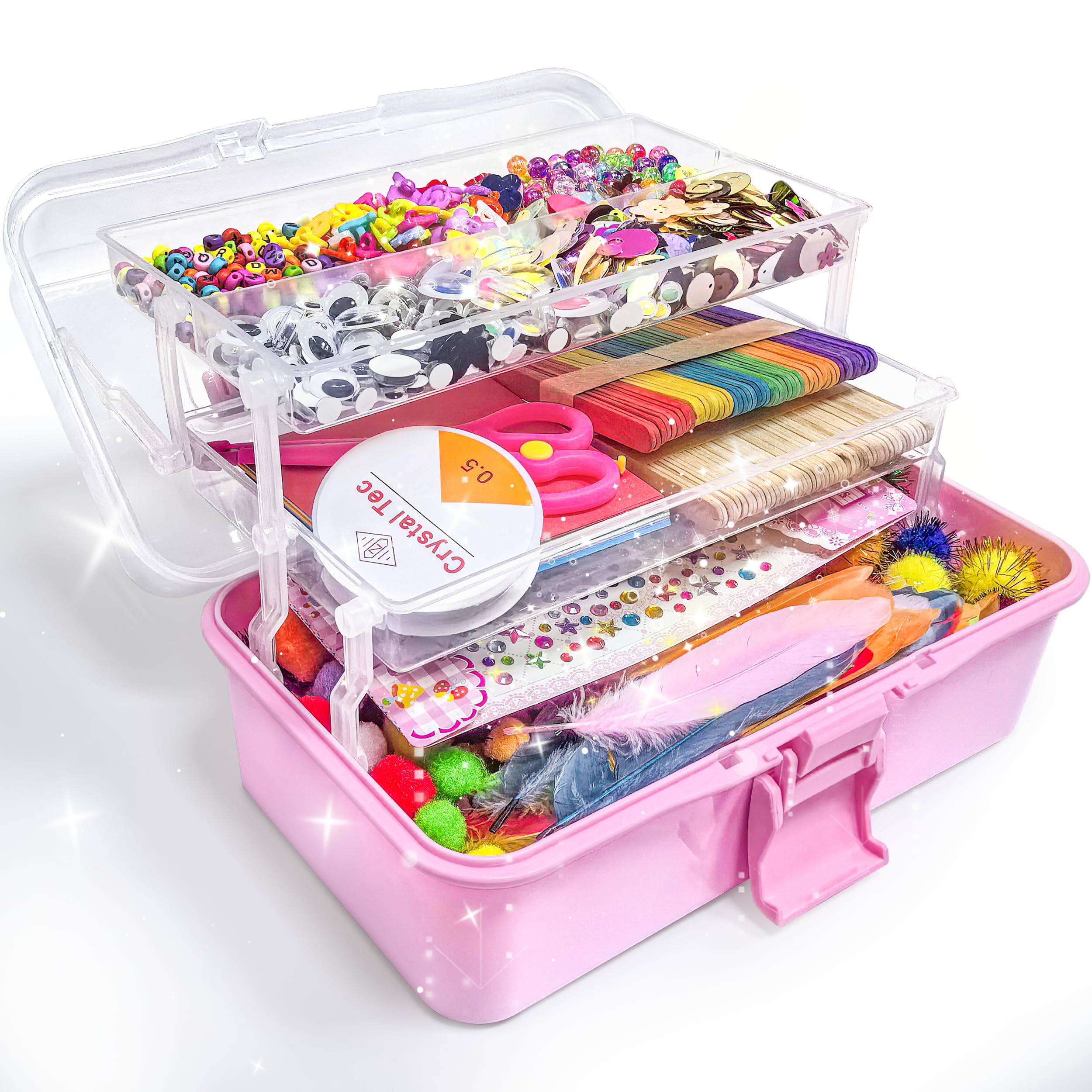 obqo 3000+ Pcs Art and Craft Box for Kids, Toddler Craft Set Included Pipe Cleaners, Pom Poms, Feather, Folding Storage Box - All in One for Kids Craft Supplies (Pink)