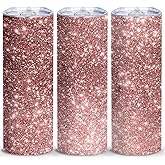 Pink Glitter Rose Gold Tumbler, 20 Oz Stainless Steel Insulated Skinny Travel Mug with Lid, Double Wall Iced Coffee Cup, Sparkly Bling Water Bottle, Gifts for Women, Mom, Daughter, Friends,1 Pcs