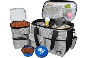 PetAmi Dog Travel Bag - Travel Pet Organizer with Food Container and Bowls, Perfect for Weekend Camping, Cat Diaper Bag (Stripe Black, Medium)