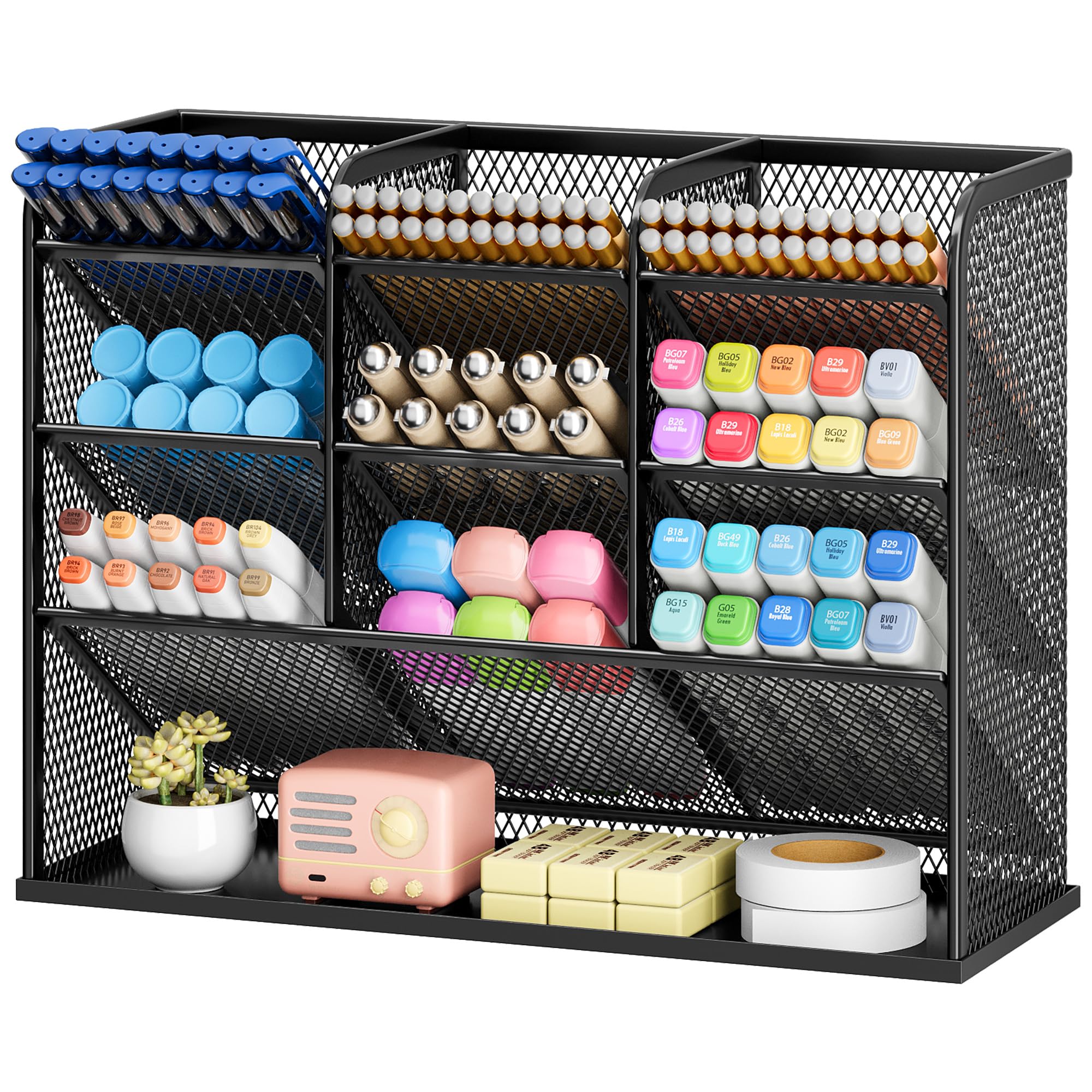 VITVITI 3 Tier Mesh Desk Organiser, 10 compartments Pen Holder for Desk Tidy, Desktop Organiser for Stationery Art School Supplies, Office Accessories - Black