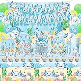 114Pcs Blue Axolotl Birthday Party Supplies Include Banner-Backdrop-Balloons-Cake Topper-Cupcake Toppers-Tableware-Plates-Napkins-Cups-Cutlery-Tablecloth for Blue Axolotl Party Decorations