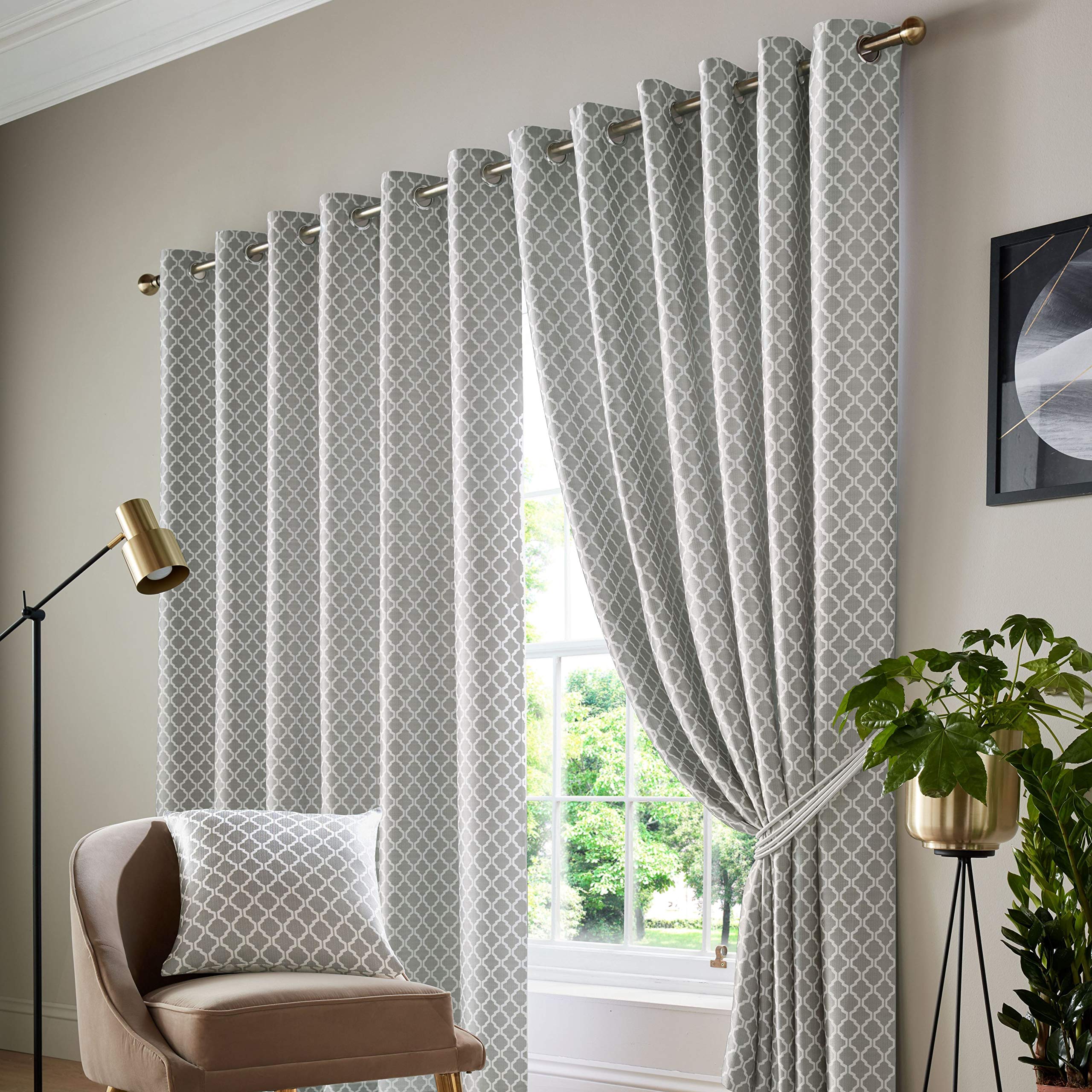 Alan Symonds Cotswold Fully Lined Jacquard Eyelet Ring Top Curtains - Pair (Silver/Grey, 66" x 54" (167x137cm))