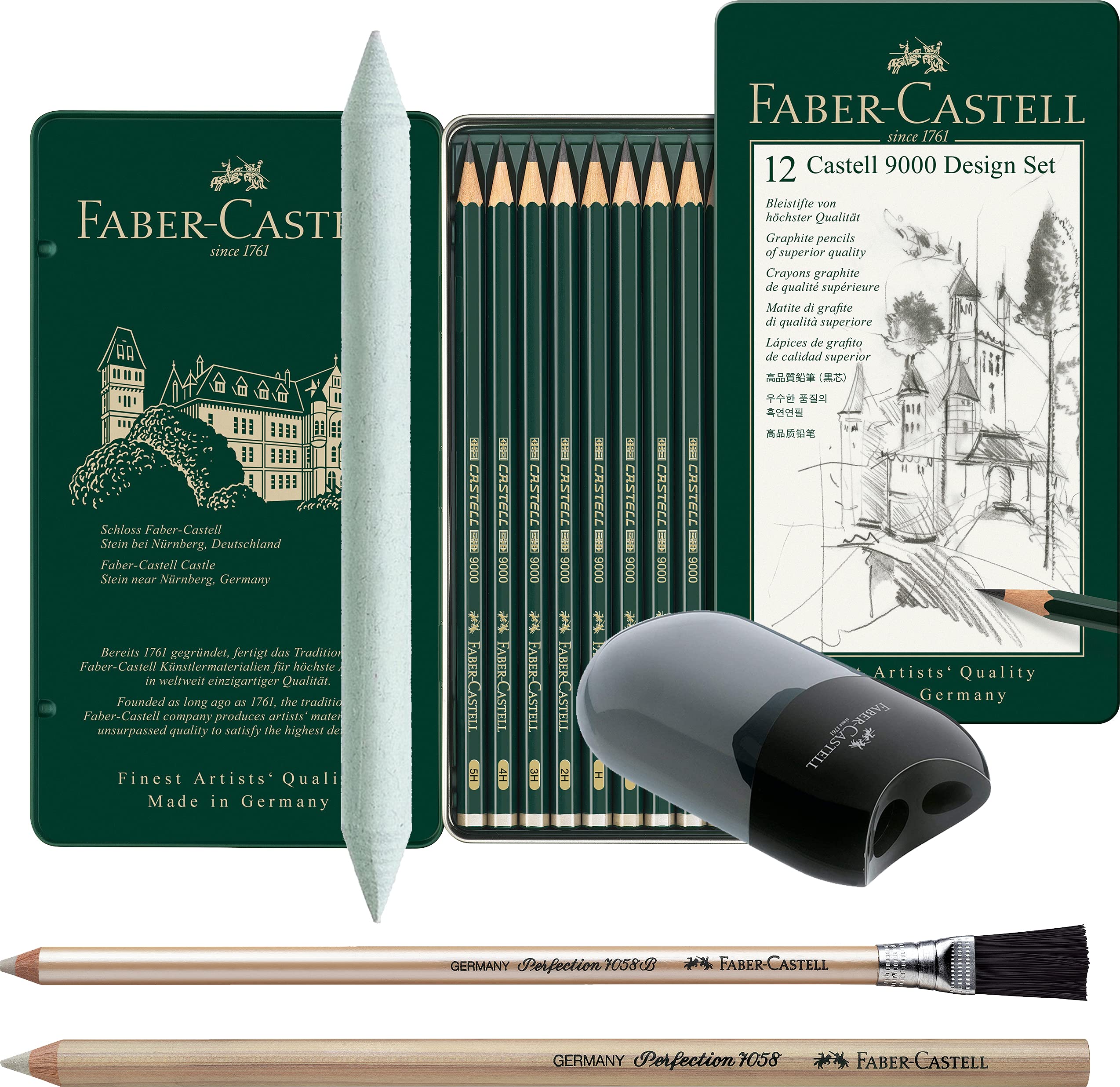 Faber-Castell Castell 9000 119064 Pencil Set of 12 Contents: 5B - 5H + 2 Eraser Pens, Stumps and Sharpener Tin